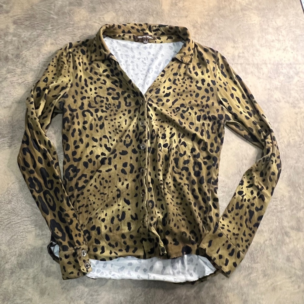 Adrienne Vittadini Button Down Shirt Womens L Olive‎ Leopard Print Long Sleeve